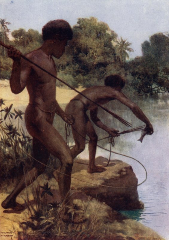 Spearing Fish, Britská Nová Guinea (barva litho) od Norman Hardy