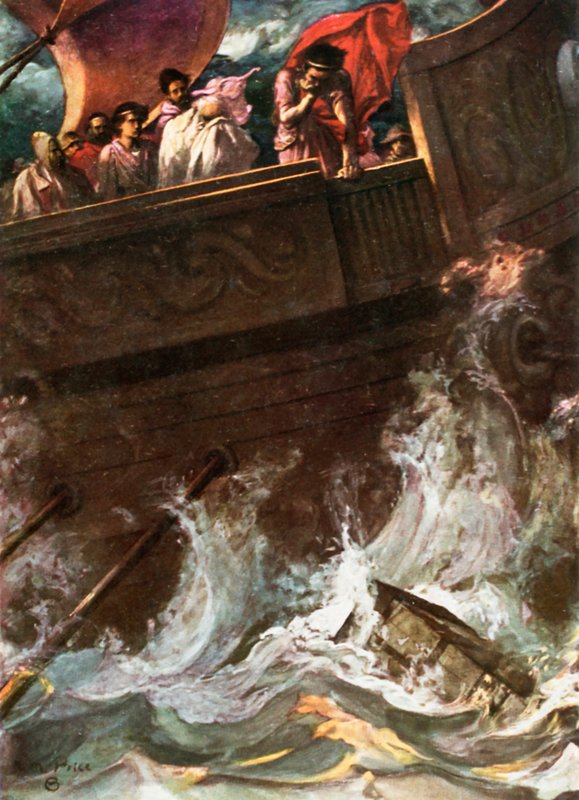 Královna hodila přes palubu. Pericles, Prince of Tyre – Act III, Scéna 1, cca 1925 (barevné lito) od Norman Mills Price