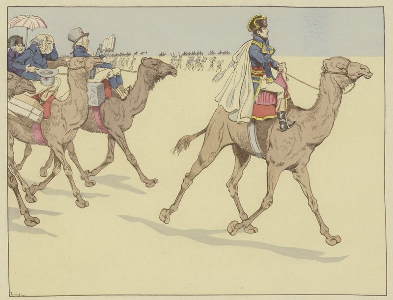 Napoleon dorazil do země faraonů a šel všude následován komisí učenců a umělců, kteří nikdy nejeli na hřbetě velblouda, 1. července 1798 od Onfray de Breville Job