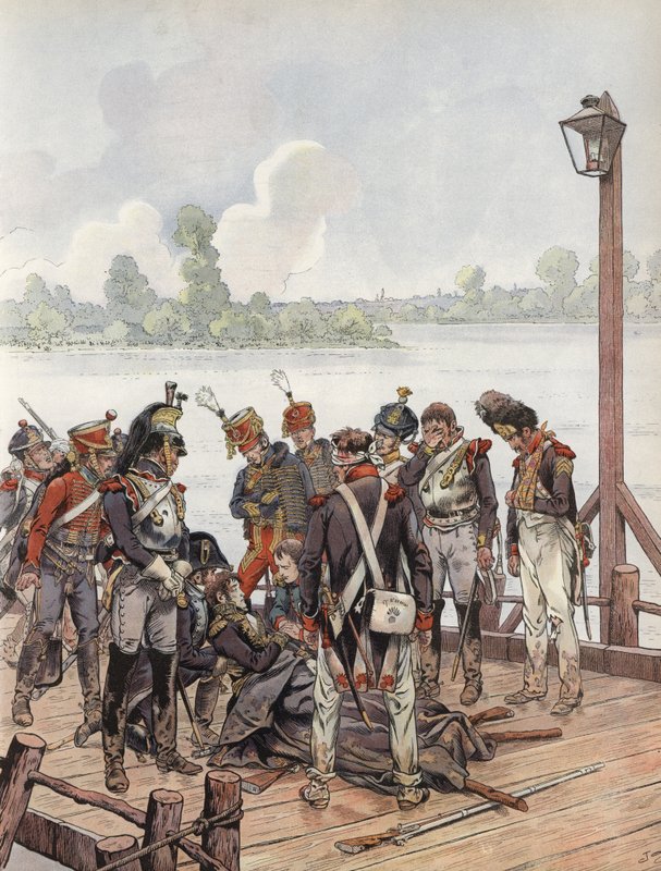 Jean Lannes, který byl smrtelně zraněn v bitvě u Aspern-Essling, s Napoleonem, 1809 od Onfray de Breville Job