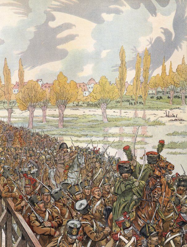 Napoleon překračuje most v Elsteru se svou armádou se zlověstně vyhlížejícím nebem od Onfray de Breville Job