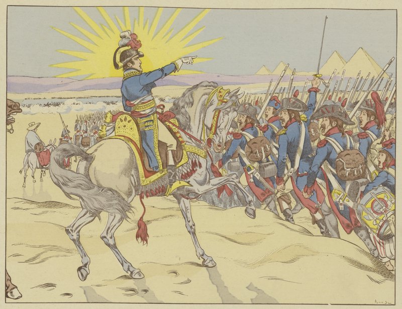 Napoleon inspiroval své vojáky v bitvě u pyramid, Egypt, 21. července 1798 od Onfray de Breville Job