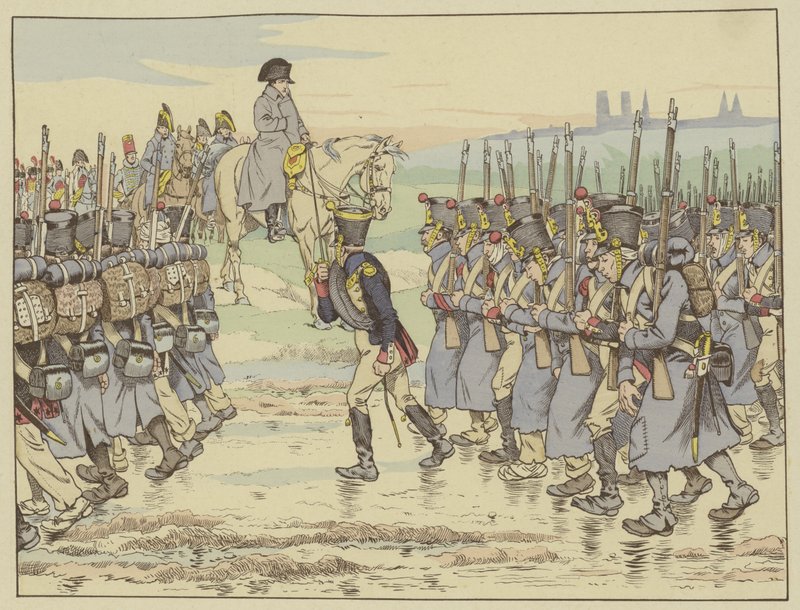 Napoleon přihlížející jako poslední kontingent armády na pochodu francouzského tažení poblíž Remeše, 16. března 1814 od Onfray de Breville Job