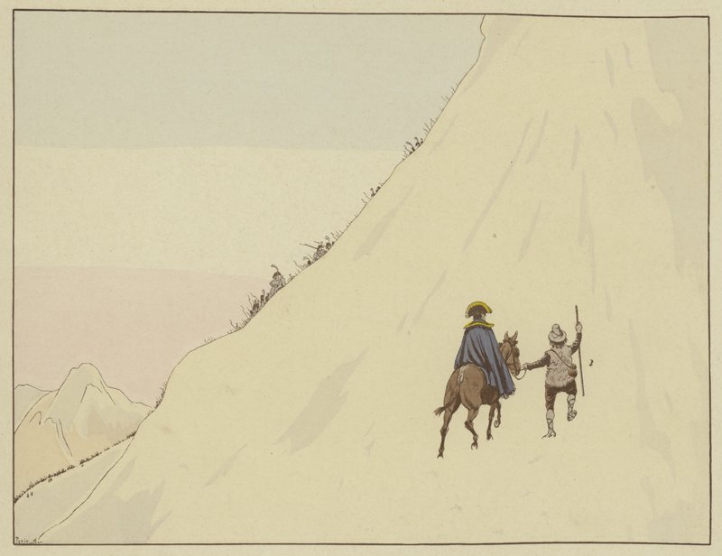 Napoleon projel kolem Mont St Bernard na mule, vedený mladým mužem, kterého štědře odměnil, 16. května 1800 od Onfray de Breville Job