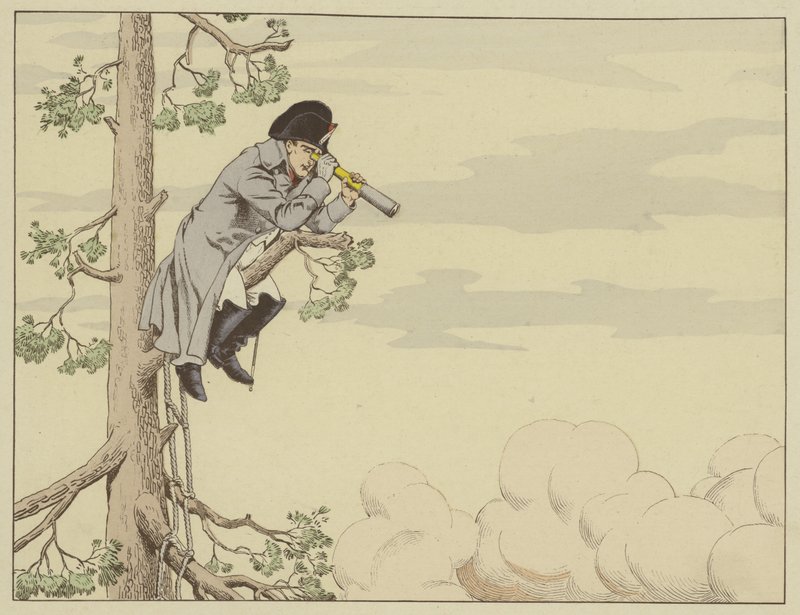Napoleon sledoval bitvu u Aspern-Essling z vrcholu stromu na ostrově Lobau, 22. května 1809 od Onfray de Breville Job