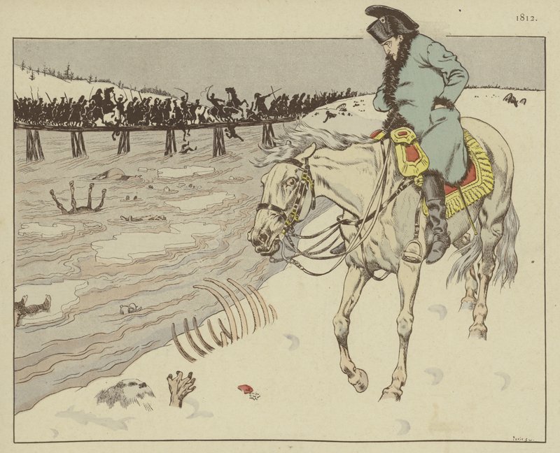 Napoleon pozoruje zbytky své Velké armády, jak brázdí řeku Berezinu při ústupu z Moskvy, 1812 od Onfray de Breville Job