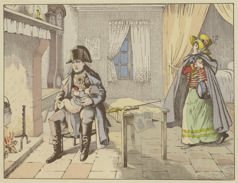Večer bitvy u Champaubertu a v předvečer Montmirail zamyšlený Napoleon houpe mládě cantiniere, 10.–11. února 1814 od Onfray de Breville Job