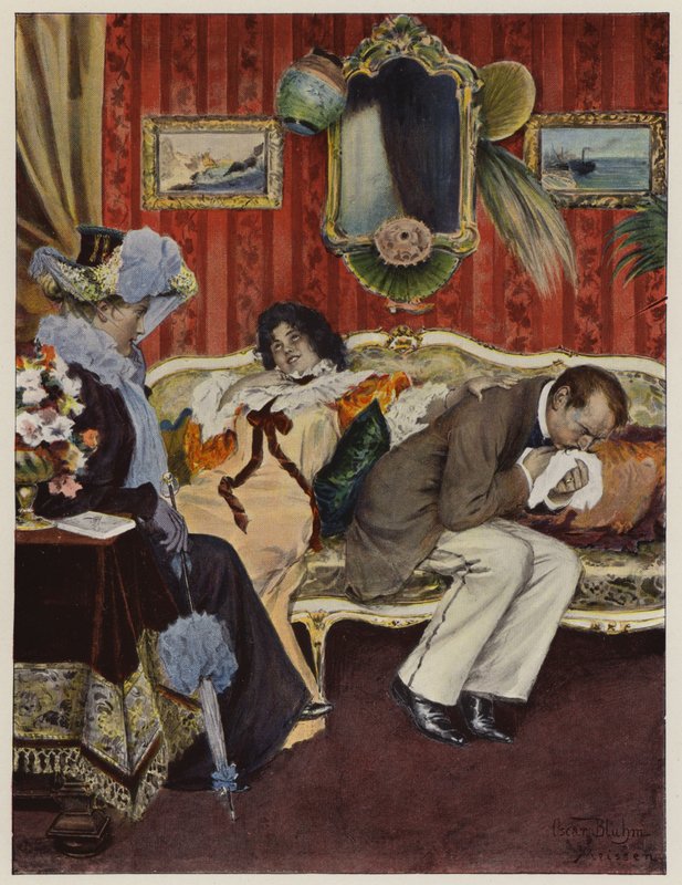 Novomanželský pár na líbánkách, s manželem trpícím kašlem (barva litho) od Oscar Bluhm