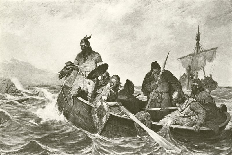 Leif Ericson u pobřeží Vineland (hlubotisk) od Oscar Wergeland