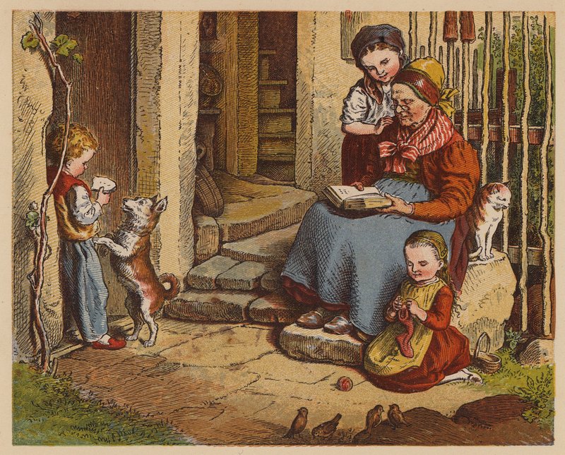 Babiččino čtení (barevná litografie) od Oskar Pletsch