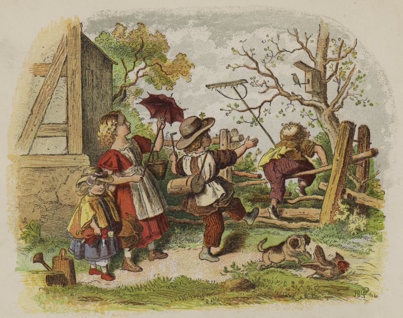 Skupina dětí hrajících si venku (barva litho) od Oskar Pletsch