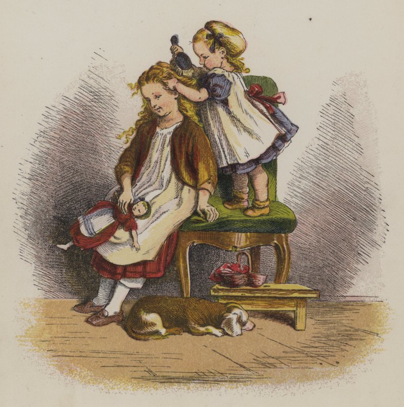 Holčička kartáčuje sestře vlasy (barva litho) od Oskar Pletsch