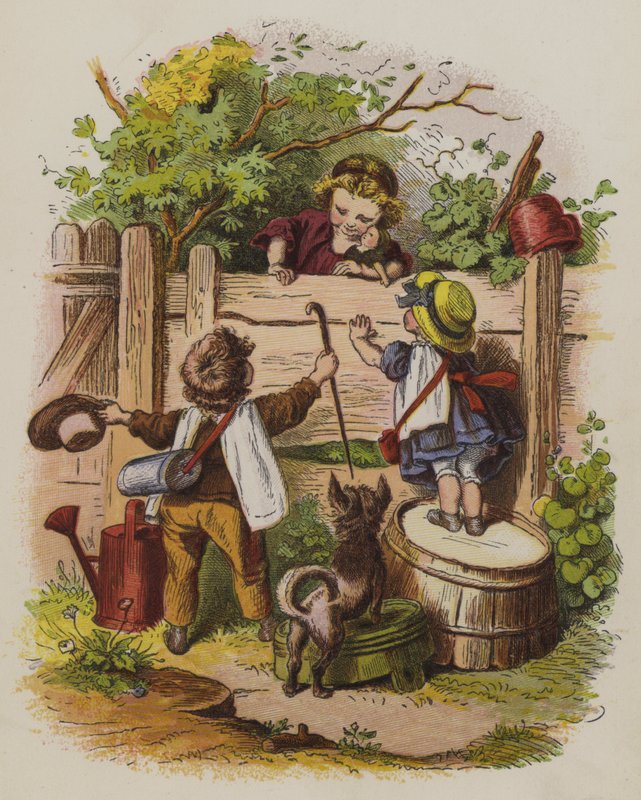 Tři děti si povídají přes zahradní plot (barva litho) od Oskar Pletsch