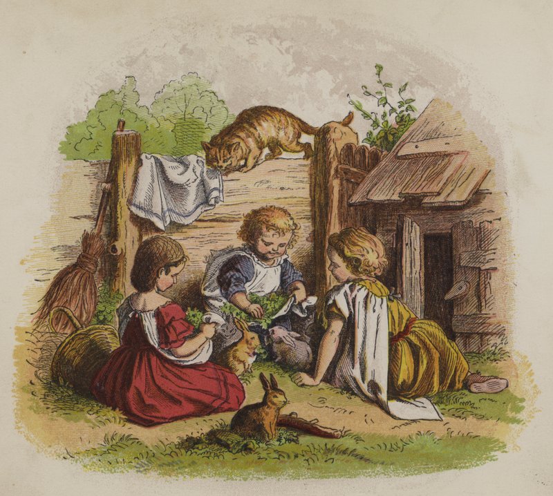Tři dívky si hrají se svými králíčky, pozorované kočkou (barva litho) od Oskar Pletsch