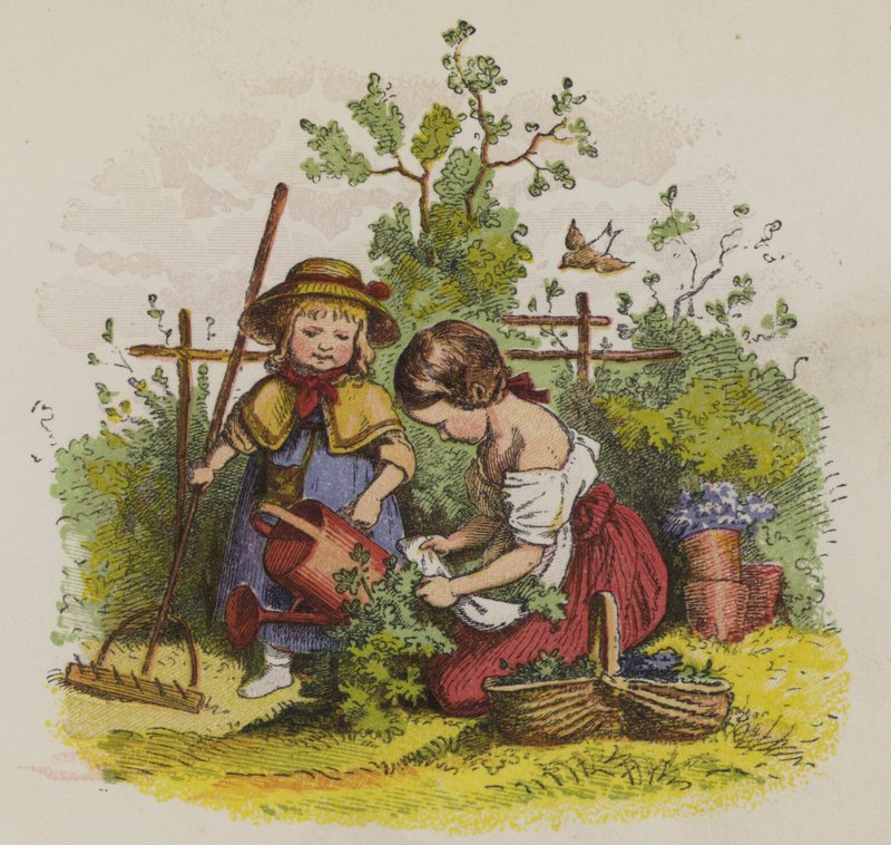 Dvě dívky zahradničí (barva litho) od Oskar Pletsch