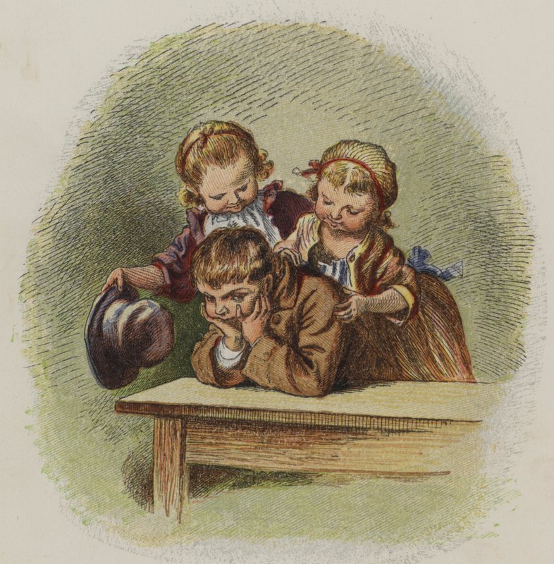 Dvě malé holčičky se snaží rozveselit nevrlého chlapce (barva litho) od Oskar Pletsch