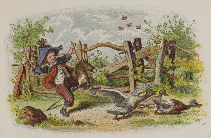 Mladý chlapec si hraje na koni a straší skupinu hus (barva litho) od Oskar Pletsch