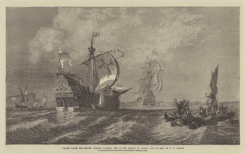 Drake bere španělskou galeonu Capitana, jednu z Armady, do Torbay, 22. července 1588, na výstavě Společnosti malířů akvarelů od Oswald Walters Brierly