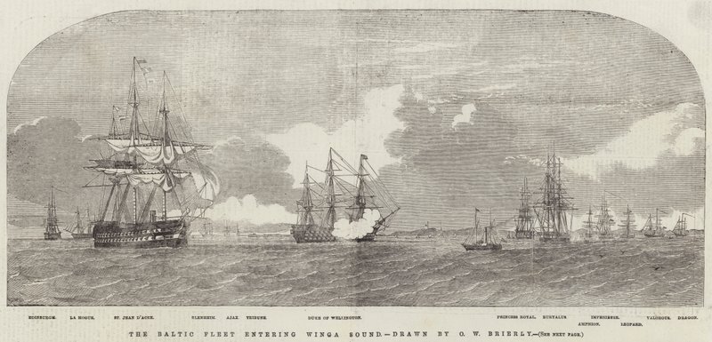 Baltská flotila vstupuje do Winga Sound od Oswald Walters Brierly