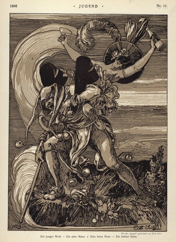 Mladá žena - starý muž - tvrdý oříšek - dutý zub (litho) od Otto Seitz