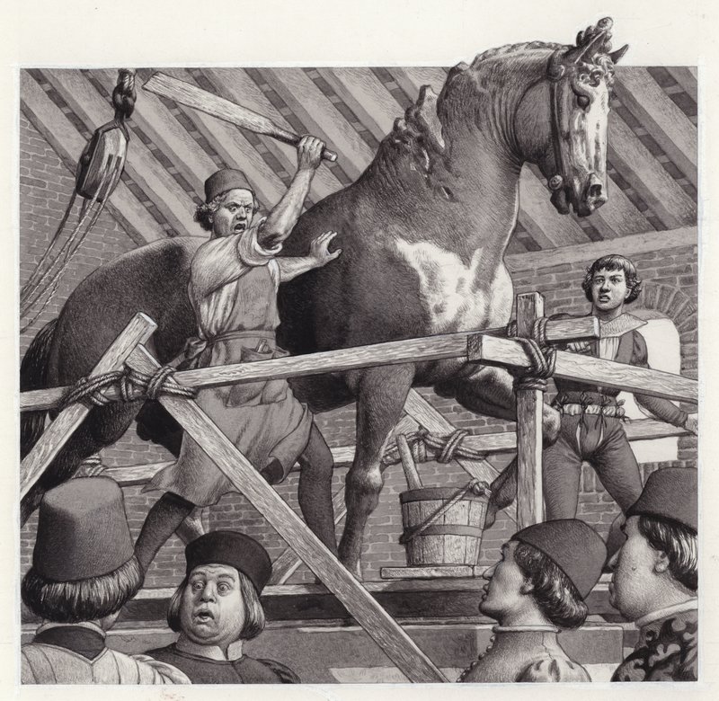 Andrea Verrocchio rozbíjí hlavu své sochy koně (kvaš na papíře) od Pat (1907-95) Nicolle