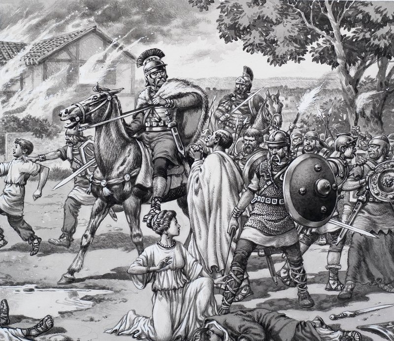 Útok barbarů na Romano British od Pat (1907-95) Nicolle