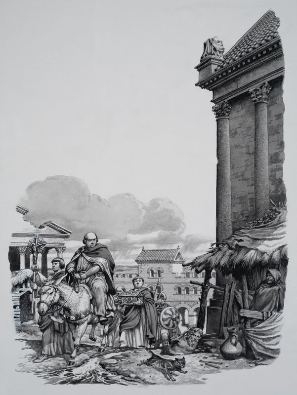 Biskup Mellitus (zemř. 624) přijíždí do Londýna (kvaš na papíře) od Pat (1907-95) Nicolle