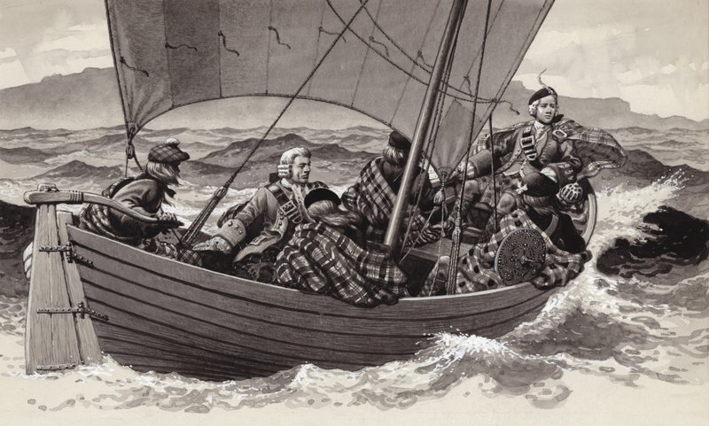 Bonnie Prince Charlie vyráží na ostrov Skye (kvaš na papíře) od Pat (1907-95) Nicolle