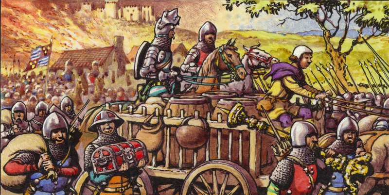 Vypálení města Bar-sur-Seine v roce 1359 (kvaš na papíře) od Pat (1907-95) Nicolle