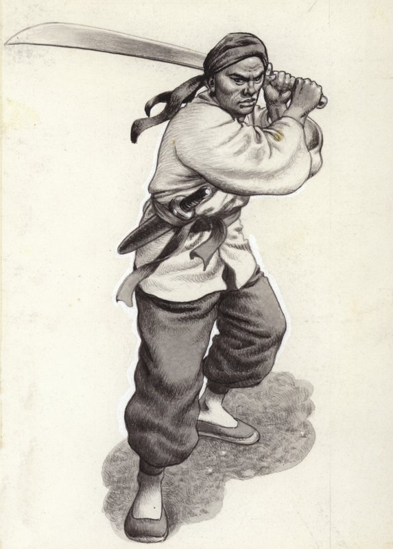 Čínský boxerský bojovník (kvaš na papíře) od Pat (1907-95) Nicolle