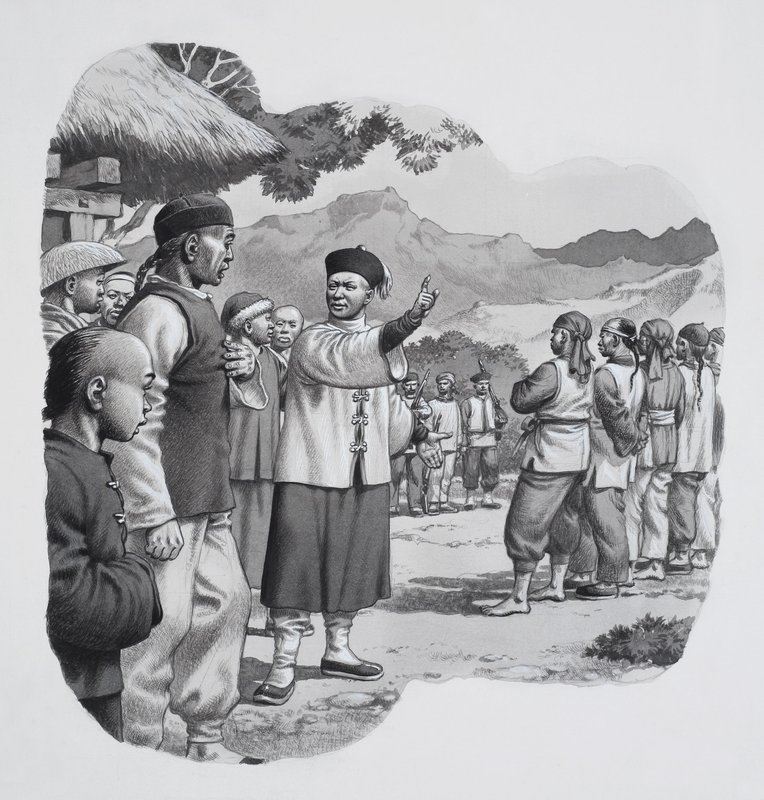 Čínští boxeři (kvaš na papíře) od Pat (1907-95) Nicolle