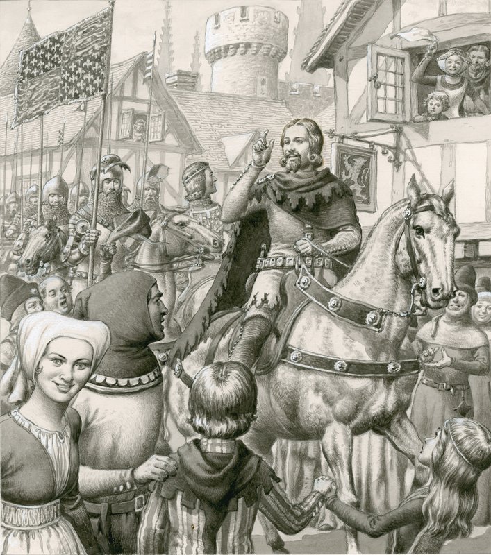 Triumfální návrat Eduarda III. domů (kvaš na papíře) od Pat (1907-95) Nicolle
