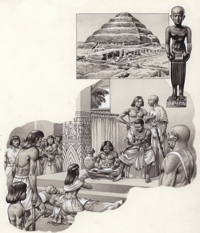 Imhotep "dobrý lékař" dává radu nemocnému muži (kvaš na papíře) od Pat (1907-95) Nicolle