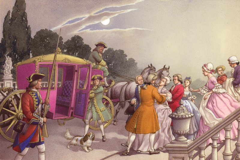 Princezna Augusta, která se chystá k porodu, je naložena do kočáru (kvaš na papíře) od Pat (1907-95) Nicolle