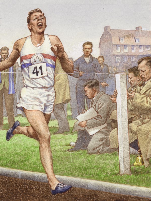 Roger Bannister při prvním běhu na čtyři minuty (kvaš na papíře) od Pat (1907-95) Nicolle