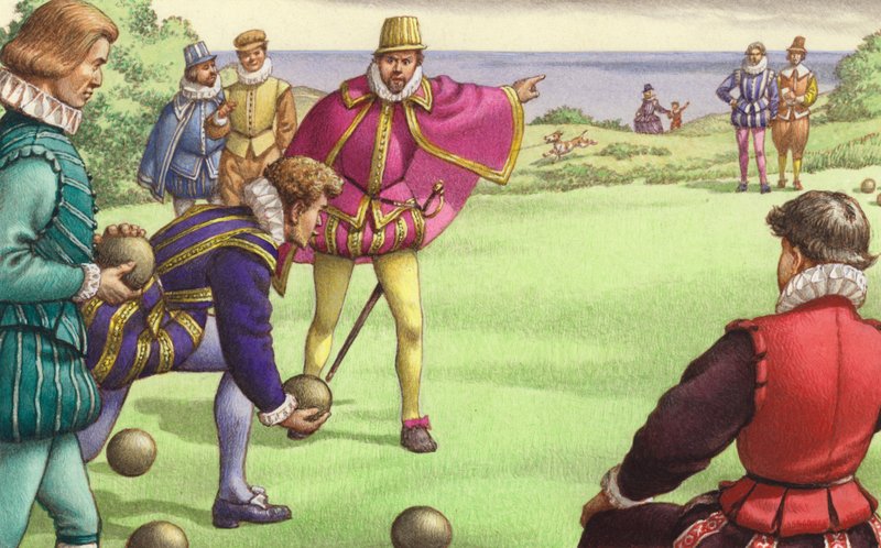 Sir Francis Drake hrající kuželky před příchodem španělské armády (kvaš na papíře) od Pat (1907-95) Nicolle