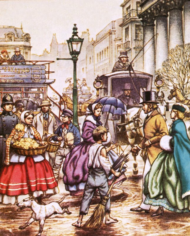 Typická londýnská ulice z 60. let 19. století od Pat (1907-95) Nicolle