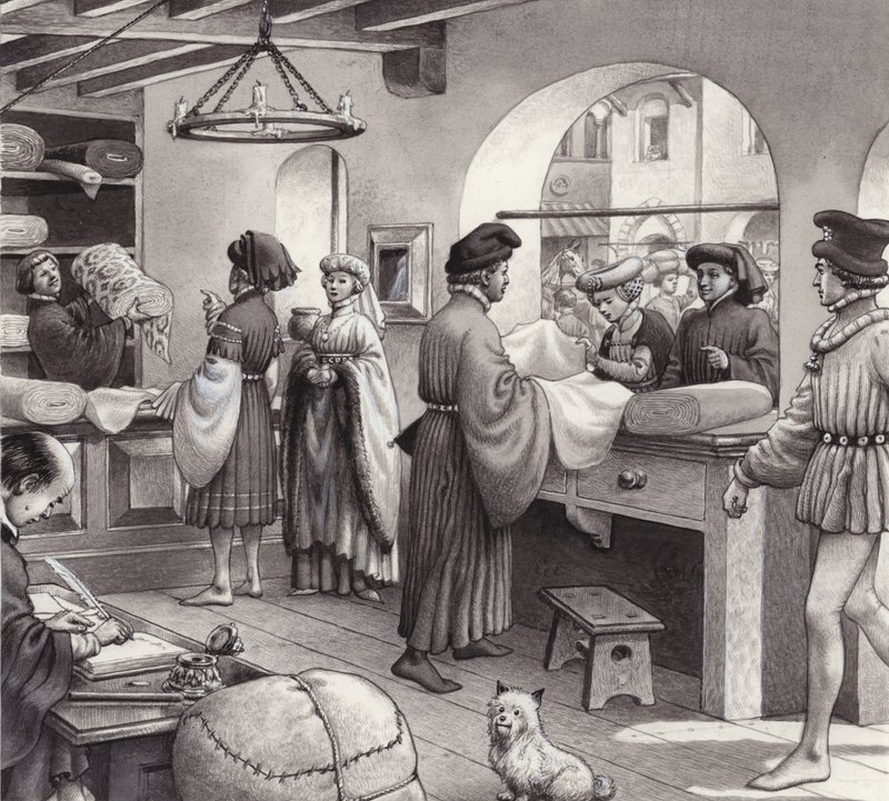Obchod s látkami v renesanční Itálii (kvaš na papíře) od Pat (1907 95) Nicolle