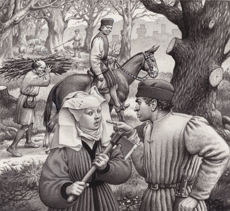 Žena se dostane do potíží, když uřízne větev stromu (kvaš na papíře) od Pat (1907 95) Nicolle