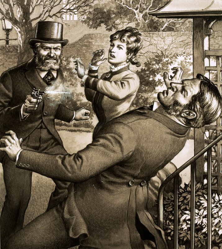Charles Peace, známý lupič a vrah, zastřelí jednu ze svých obětí (kvaš na papíře) od Pat (1907 95) Nicolle