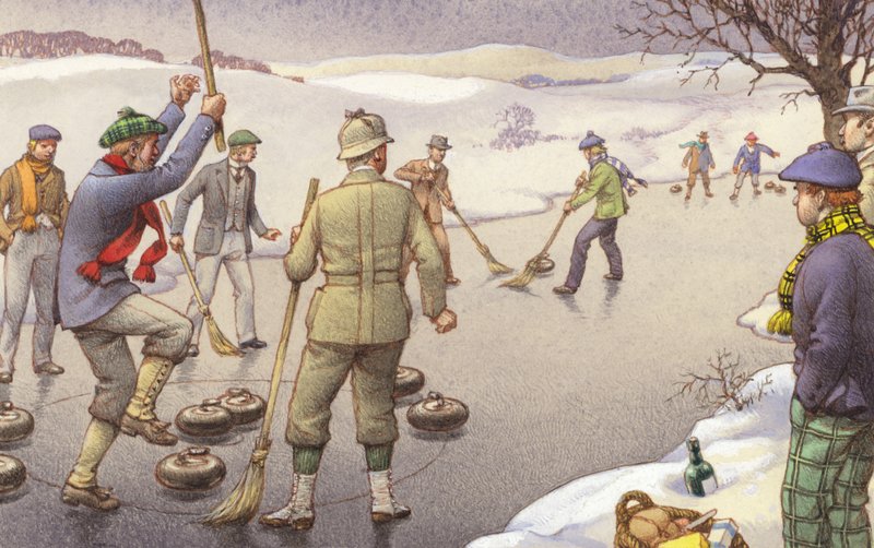 Curling ve Skotsku (kvaš na papíře) od Pat (1907 95) Nicolle