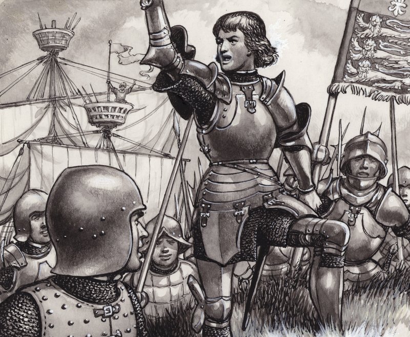 Eduard, hrabě March, přistání v Ravenspuru v roce 1471 (kvaš na papíře) od Pat (1907-95) Nicolle