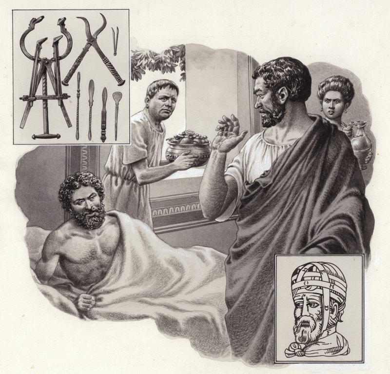 Lékař Galén riskuje život, když římskému císaři říká, že se přejídá (kvaš na papíře) od Pat (1907 95) Nicolle