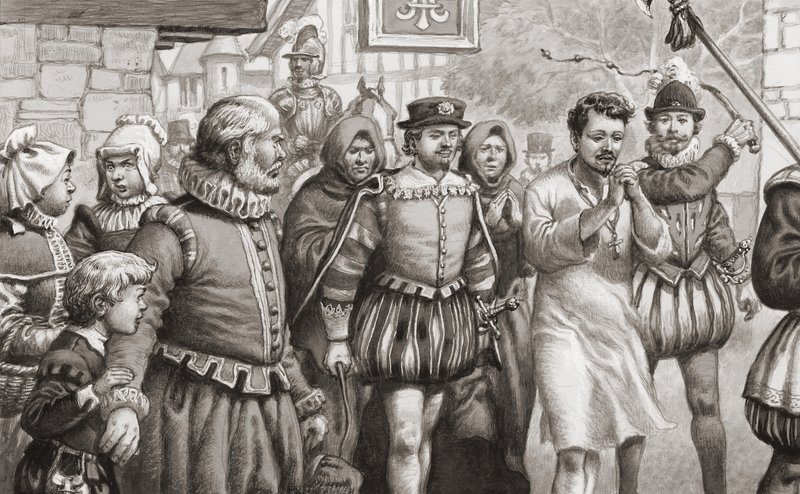 Francouzský král Jindřich III. činí pokání tím, že se prochází po pařížských ulicích v košili a je bičován (kvaš na papíře) od Pat (1907 95) Nicolle