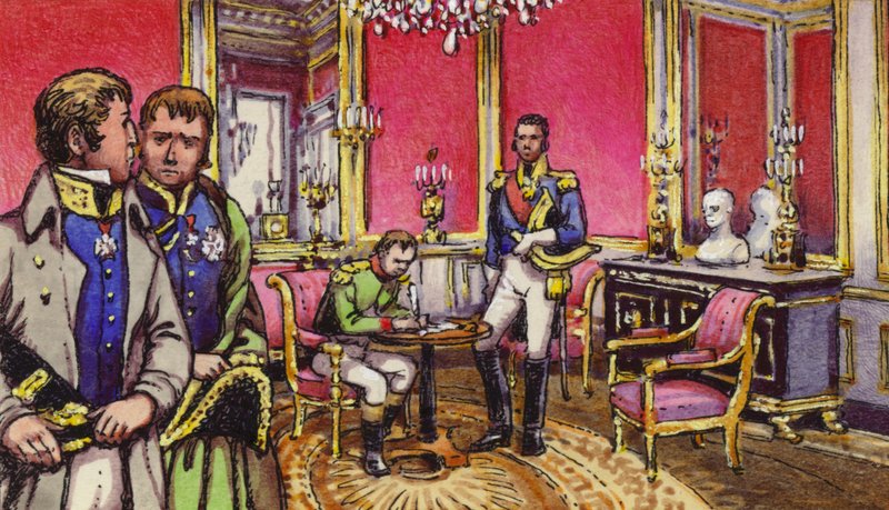 Napoleon podepisuje abdikační listinu v paláci Fontainbleau (kvaš na papíře) od Pat (1907-95) Nicolle