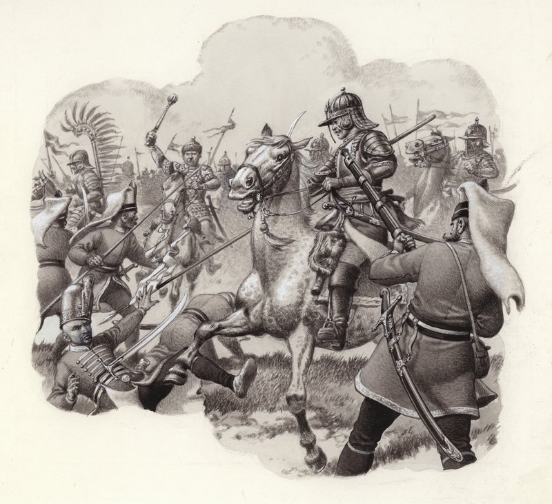 Bitva polské jízdy s tureckými janičářskými pluky u Vídně v roce 1683 (kvaš na papíře) od Pat (1907 95) Nicolle