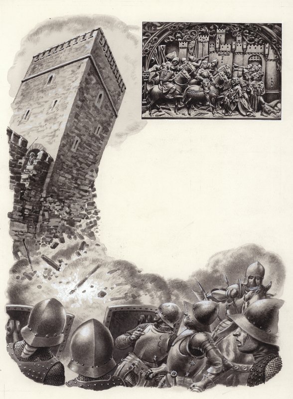 Španělští vojáci vyhazující do vzduchu opevnění pomocí střelného prachu (kvaš na papíře) od Pat (1907-95) Nicolle