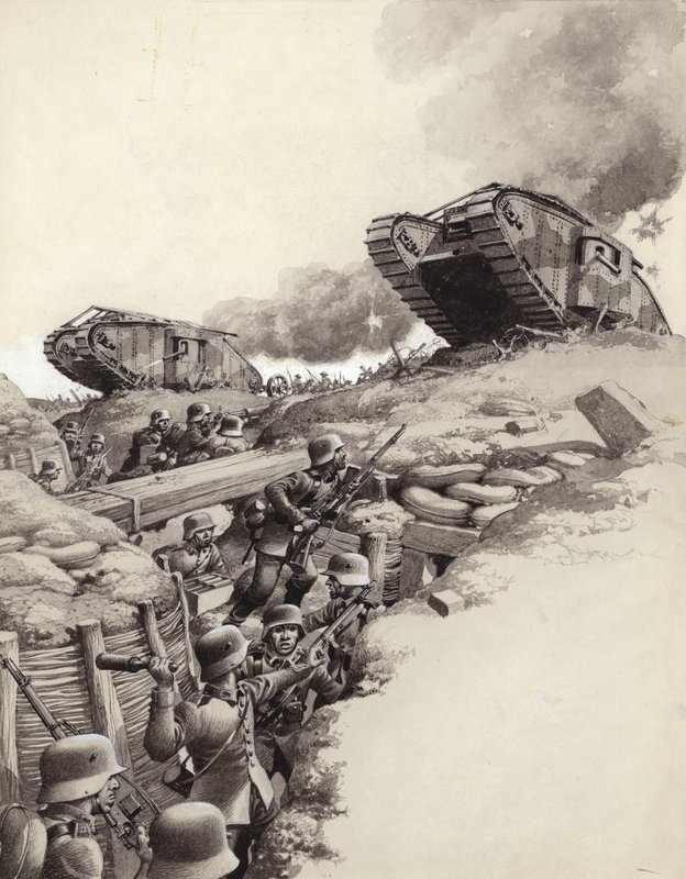 Tanky se valí přes německé zákopy během Velké války (kvaš na papíře) od Pat (1907 95) Nicolle