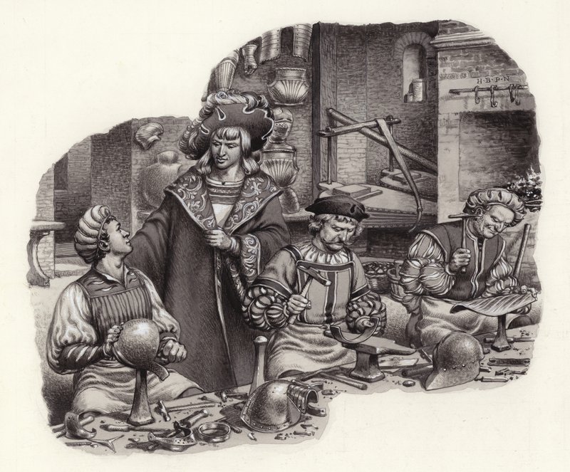 Císař Maxmilián v dílně svého zbrojíře (kvaš na papíře) od Pat (1907-95) Nicolle