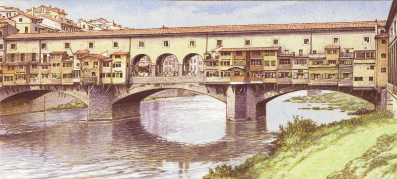Ponte Vecchio v podobě ze 70. let 20. století (kvaš na papíře) od Pat (1907-95) Nicolle